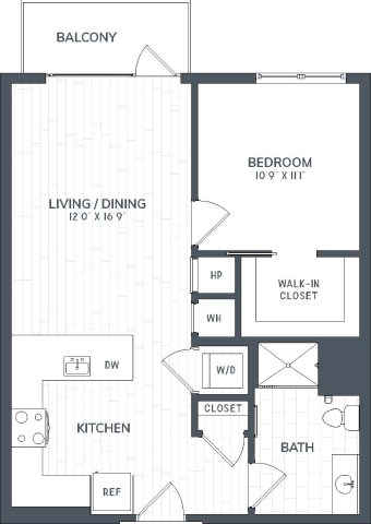 A floor plan of an apartment with a living room, dining room, kitchen, bathroom, and bedroom.