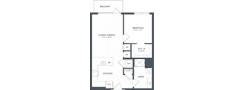 A black and white image of a floor plan for a home with a balcony, living/dining area, kitchen, bathroom, bedroom, and walk-in closet.