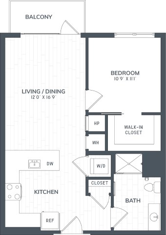A black and white image of a floor plan for a home with a balcony, living/dining area, kitchen, bathroom, bedroom, and walk-in closet.