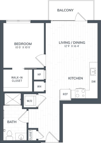 A floor plan of a house with a balcony, bedroom, bathroom, kitchen, living/dining area, and walk-in closet.