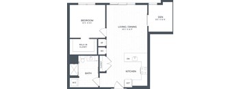 A black and white image of a floor plan for a home with a den, living/dining area, kitchen, bathroom, and bedroom.