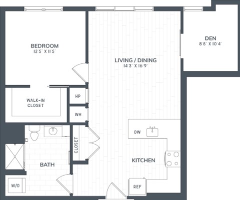 A black and white image of a floor plan for a home with a den, living/dining area, kitchen, bathroom, and bedroom.