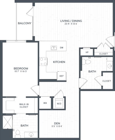 A floor plan of a home with a living area, kitchen, and two bedrooms.