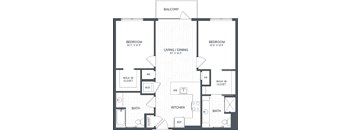 A black and white image of a house floor plan with a balcony, two bedrooms, a living/dining area, a kitchen, two bathrooms, and a walk-in closet.