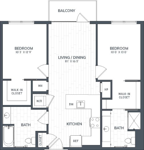 A black and white image of a house floor plan with a balcony, two bedrooms, a living/dining area, a kitchen, two bathrooms, and a walk-in closet.