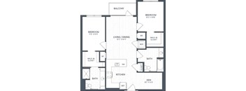A black and white image of a house floor plan with a balcony, two bedrooms, a living/dining area, kitchen, bathroom, and den.