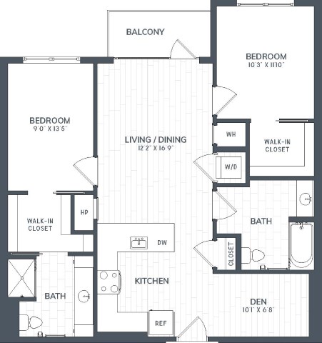A black and white image of a house floor plan with a balcony, two bedrooms, a living/dining area, kitchen, bathroom, and den.