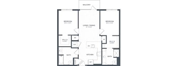 A black and white image of a house floor plan with a balcony, two bedrooms, a living/dining area, a kitchen, two bathrooms, and a walk-in closet.