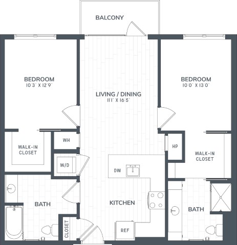 A black and white image of a house floor plan with a balcony, two bedrooms, a living/dining area, a kitchen, two bathrooms, and a walk-in closet.