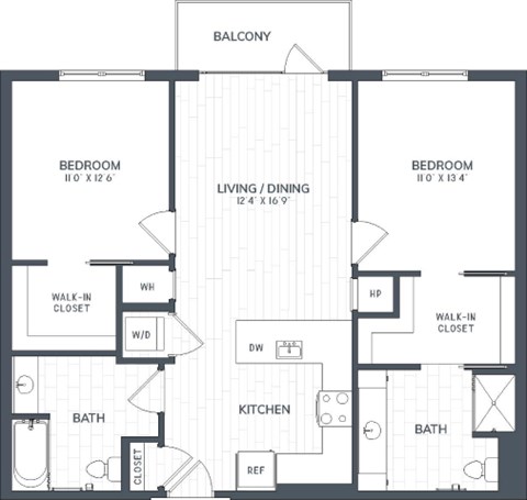 A black and white image of a floor plan for a home with a balcony, two bedrooms, a living/dining area, a kitchen, two bathrooms, and a home office.