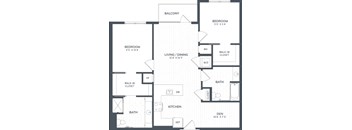 A black and white image of a floor plan for a two bedroom apartment.