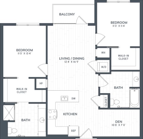 A black and white image of a floor plan for a two bedroom apartment.