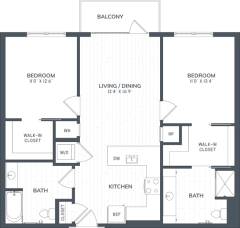 A black and white image of a floor plan for a two-bedroom apartment.
