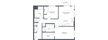 A black and white image of a floor plan for a home with a balcony, two bedrooms, a living/dining area, a kitchen, and two bathrooms.