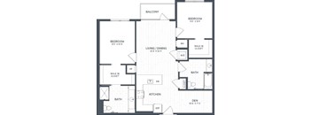 A black and white image of a floor plan for a two bedroom apartment.