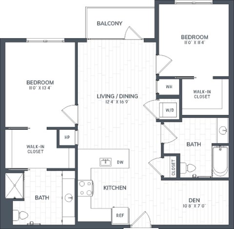 A black and white image of a floor plan for a two bedroom apartment.