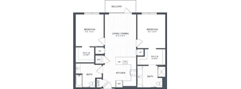 A black and white image of a floor plan for a home with a balcony, two bedrooms, a living/dining area, a kitchen, two bathrooms, and a home office.
