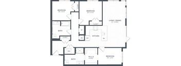 A black and white image of a floor plan for a house with four bedrooms, a living/dining area, a kitchen, and two bathrooms.