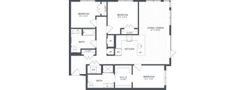 A floor plan of a house with two bedrooms, a living/dining area, a kitchen, two bathrooms, and a walk-in closet.