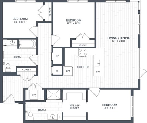 A floor plan of a house with two bedrooms, a living/dining area, a kitchen, two bathrooms, and a walk-in closet.