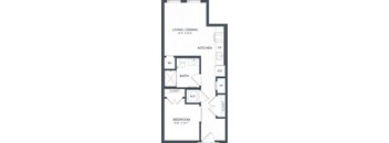 A black and white floor plan of a house with a living/dining area, kitchen, bathroom, closet, and bedroom.