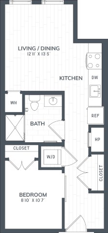 A black and white floor plan of a house with a living/dining area, kitchen, bathroom, closet, and bedroom.