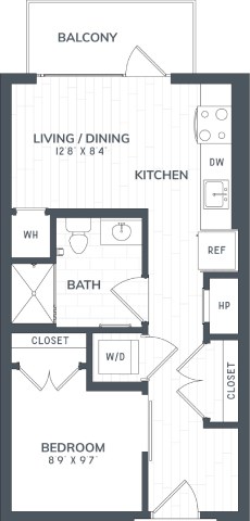 A black and white floor plan of an apartment with a balcony, living/dining area, kitchen, bathroom, and bedroom.