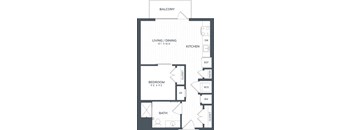 A floor plan of a small apartment with a balcony, living/dining area, kitchen, bedroom, bathroom, and closets.