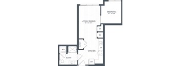 A floor plan of a house with a bedroom, living/dining area, kitchen, bathroom, and closet.