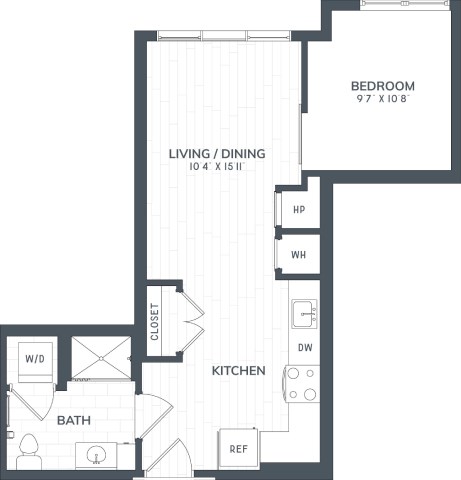 A floor plan of a house with a bedroom, living/dining area, kitchen, bathroom, and closet.