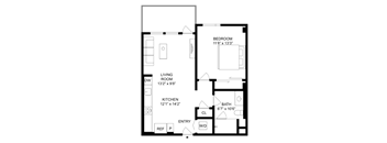 A floor plan of a small apartment with a living room, kitchen, and two bedrooms.