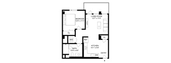 A black and white image of a floor plan for a home with a bedroom, living room, kitchen, bathroom, and entry.