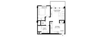 A black and white image of a floor plan for a small apartment.