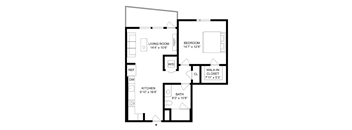 A black and white image of a floor plan for a home with a living room, bedroom, walk-in closet, kitchen, and bath.