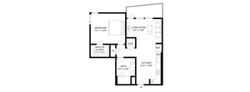 A black and white image of a floor plan for a home with a bedroom, living room, walk-in closet, bath, and kitchen.