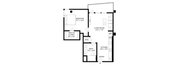 A black and white image of a floor plan for a home with a bedroom, living room, walk-in closet, bath, and kitchen.