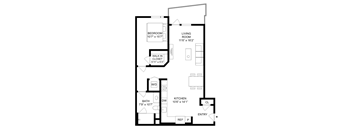 A black and white image of a floor plan for a home with a bedroom, living room, kitchen, bathroom, and walk-in closet.