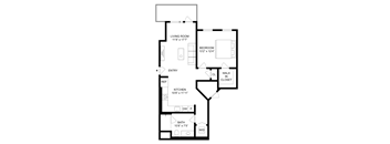 A black and white image of a floor plan for a home with a living room, bedroom, kitchen, and bathroom.