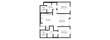 A black and white image of a house floor plan with labeled rooms and dimensions.