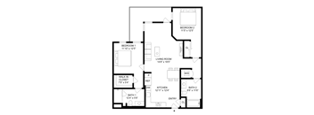 A black and white image of a house floor plan with two bedrooms, a living room, a kitchen, a bathroom, and a walk-in closet.