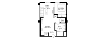 A black and white image of a floor plan for a small apartment.