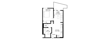 A black and white image of a floor plan for a small apartment.