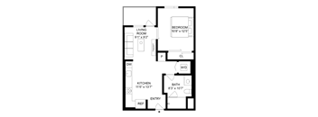 A floor plan of a small apartment with a living room, kitchen, bathroom, and bedroom.
