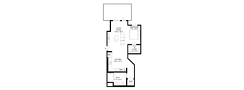 A black and white image of a floor plan for a house with a living room, bedroom, walk-in closet, kitchen, and bath.