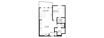 A black and white image of a floor plan for a home with a living room, bedroom, kitchen, bathroom, and walk-in closet.