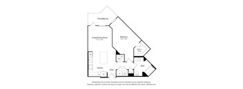 A floor plan of a home with a living room, dining room, kitchen, bathroom, bedroom and patio.
