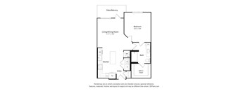 A floor plan of a home with a living room, dining room, kitchen, bathroom, bedroom and patio.