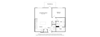A floor plan of a home with a living room, dining room, kitchen, and bathroom.