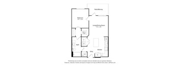 A floor plan of a small apartment with a bedroom, living/dining room, kitchen, bath, and walk-in closet.