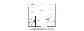 A floor plan of a house with two bathrooms, a kitchen, and two bedrooms.